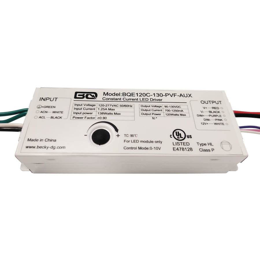 95W LED Power Supply AC120-277V AUX 12Vdc Output: 90-130Vdc，Current 800mA BQE120C-130-PVF-AUX