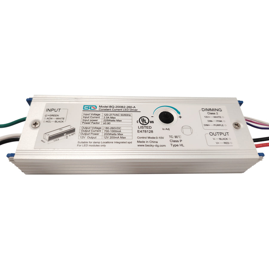 200W LED Power Supply AC120-277V AUX12Vdc  Output:180-260Vdc，Current：890mA BQ-200B2-260-A