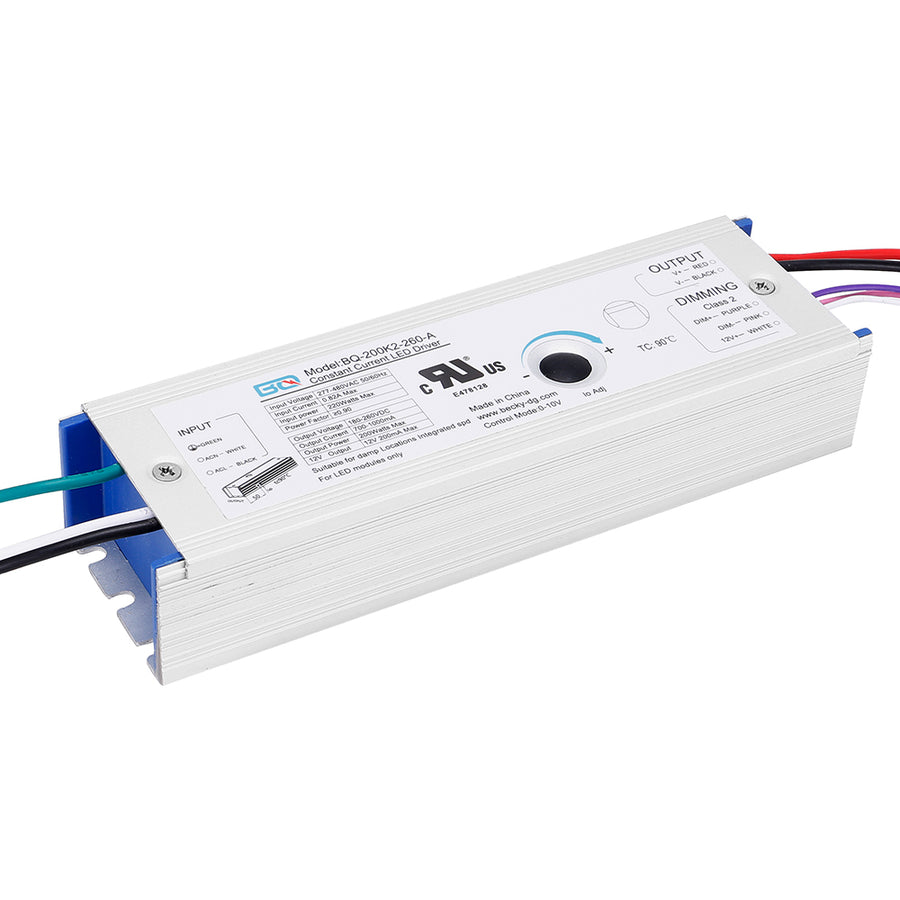 200W LED Power Supply AC277-480V AUX12Vdc  Output:180-260Vdc，Current:700-1000mA  BQ-200K2-260-A