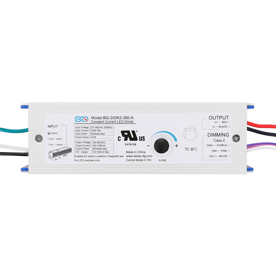 200W LED Power Supply AC277-480V AUX12Vdc  Output:180-260Vdc，Current:700-1000mA  BQ-200K2-260-A