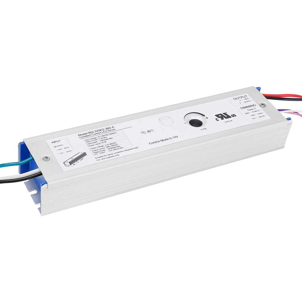 320W LED Power Supply AC277-480V AUX12Vdc  Output:210-360Vdc，Current:880-1400mA  BQ-320K2-360-A