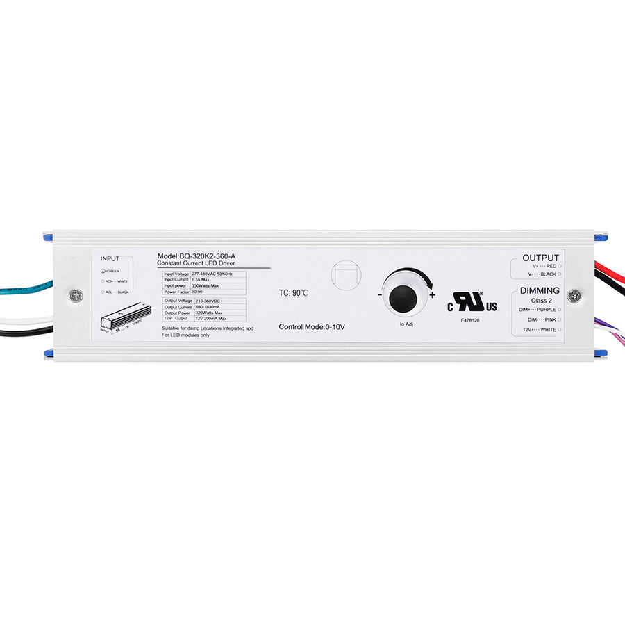 320W LED Power Supply AC277-480V AUX12Vdc  Output:210-360Vdc，Current:880-1400mA  BQ-320K2-360-A