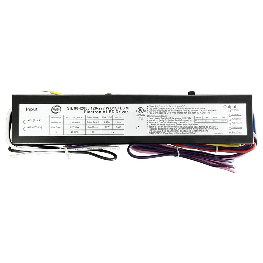 80W LED Power Supply AC120-277V,AUX12Vdc Output:26-41Vdc, Current: 1450-1950mA SIL80-I2000-120-277WD1S+D3M